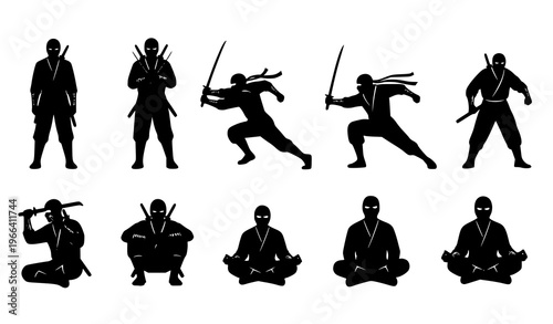 Male ninja silhouette set with multiple action poses minimal black vector collection isolated on white