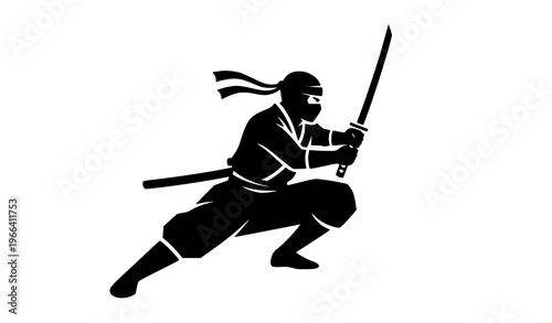 Male ninja silhouette crouching with katana sword minimal black vector isolated on white background