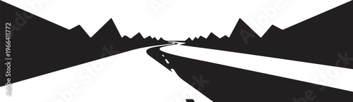 Monochrome mountain range landscape with winding road illustration