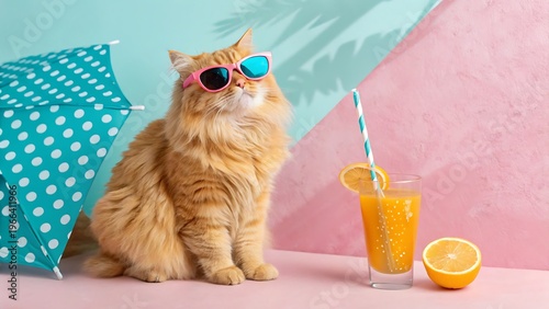 Fluffy orange tabby cat in sunglasses relaxing with summer drink on pastel background