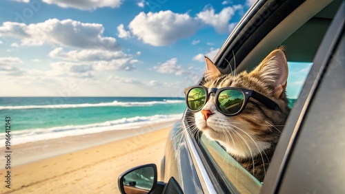 Tabby cat wearing sunglasses peeking from car window on sunny beach road trip