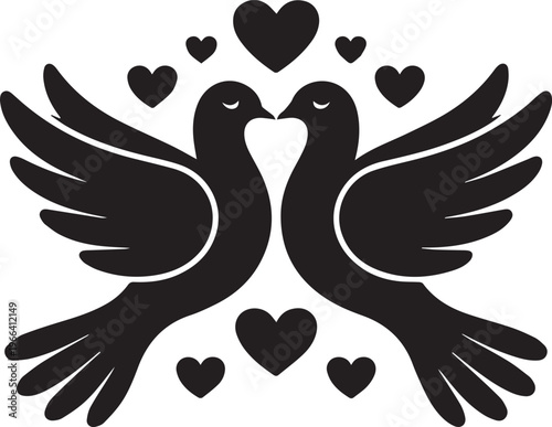 Black silhouette of two doves facing each other with hearts floating around them on white background