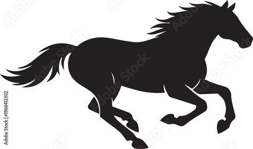 Black silhouette of a powerful wild horse running at full speed on a white background