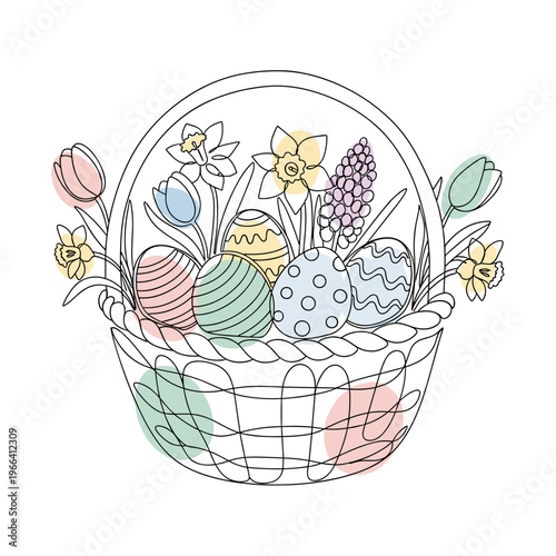 Easter basket with decorated eggs and spring flowers in minimal continuous line illustration