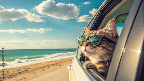 Curious tabby cat with sunglasses peering from car window at sunny beach