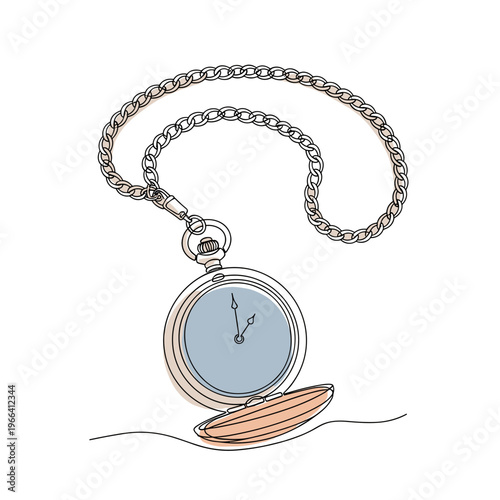 Vintage pocket watch with chain in minimal continuous line illustration