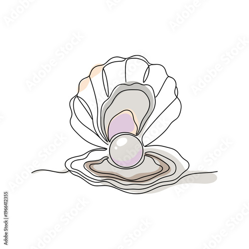 Oyster shell with pearl in minimal continuous line illustration