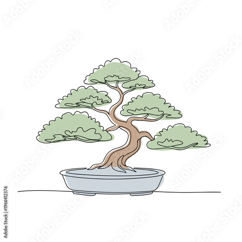 Bonsai tree in shallow pot in minimal continuous line illustration