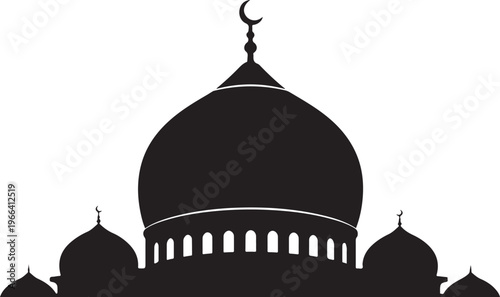 Silhouette of mosque with domes and crescent moon