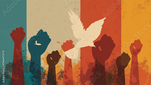Dove flying over raised fists, equality and peace symbol, colorful illustration, social justice vector