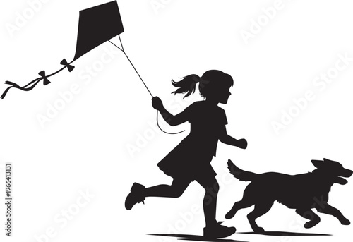 Silhouette of a young girl running and flying a kite with her pet dog in a playful scene.