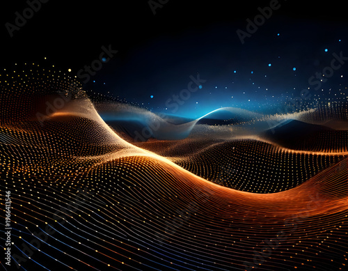 Abstract digital landscape with glowing orange and blue waves on a dark background with scattered particles of light