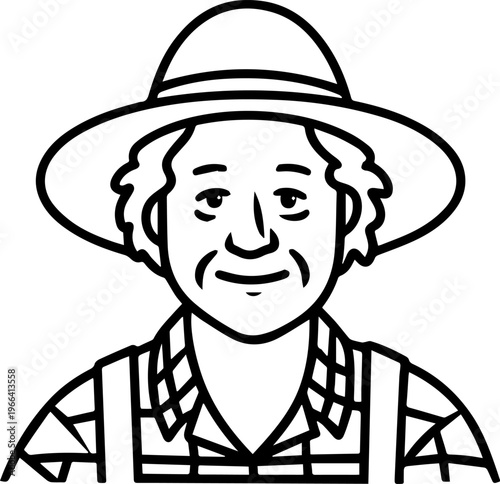 Hand Drawn Elderly Female Farmer Black and White Illustration in Minimal Solid Art Style Design