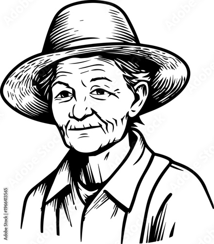 Hand Drawn Elderly Female Farmer Black and White Illustration in Minimal Solid Art Style Design