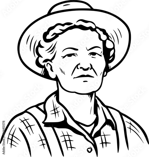 Hand Drawn Elderly Female Farmer Black and White Illustration in Minimal Solid Art Style Design