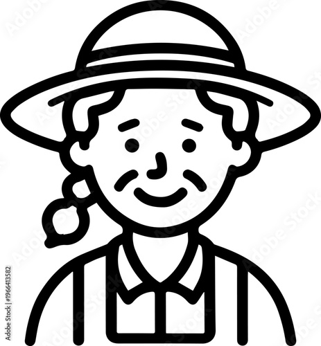 Hand Drawn Elderly Female Farmer Black and White Illustration in Minimal Solid Art Style Design