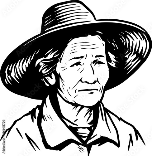 Hand Drawn Elderly Female Farmer Black and White Illustration in Minimal Solid Art Style Design