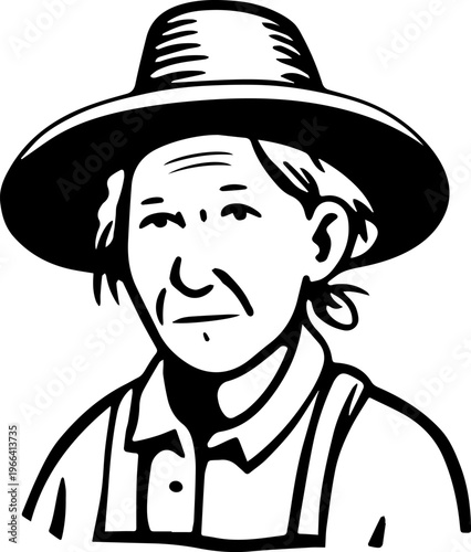 Hand Drawn Elderly Female Farmer Black and White Illustration in Minimal Solid Art Style Design