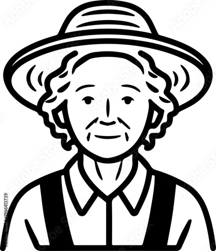 Hand Drawn Elderly Female Farmer Black and White Illustration in Minimal Solid Art Style Design
