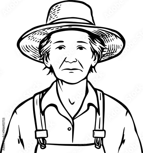 Hand Drawn Elderly Female Farmer Black and White Illustration in Minimal Solid Art Style Design