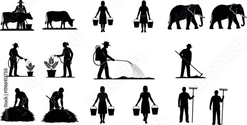Agriculture and rural life silhouettes set with farmer, livestock, elephant, gardening, watering plants, harvesting hay, village activities, black isolated vector illustration collection