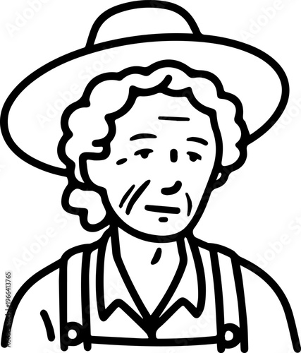 Hand Drawn Elderly Female Farmer Black and White Illustration in Minimal Solid Art Style Design