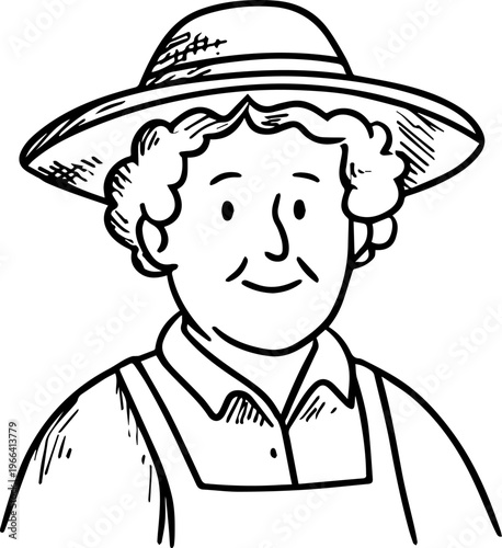 Hand Drawn Elderly Female Farmer Black and White Illustration in Minimal Solid Art Style Design
