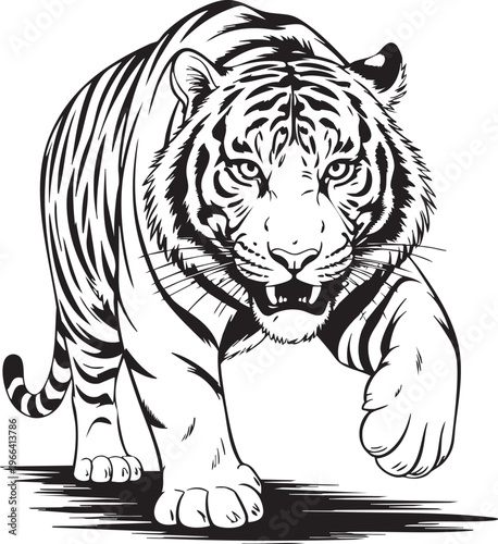 Majestic white tiger stalking forward with intense gaze powerful predator in dynamic pose striking black stripes on white fur fierce expression studio lighting clean background