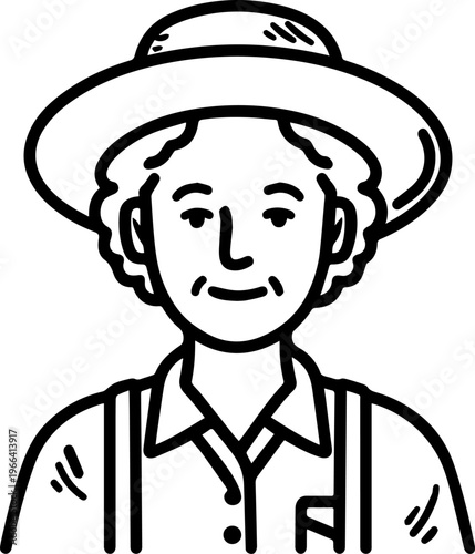 Hand Drawn Elderly Female Farmer Black and White Illustration in Minimal Solid Art Style Design