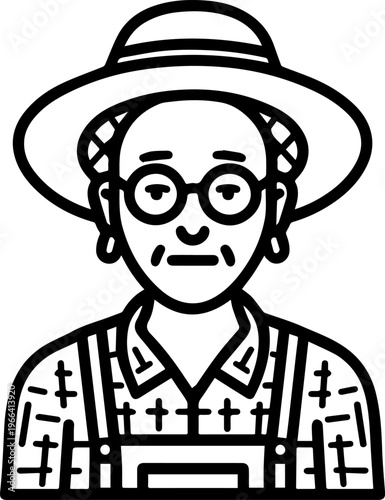 Hand Drawn Elderly Female Farmer Black and White Illustration in Minimal Solid Art Style Design