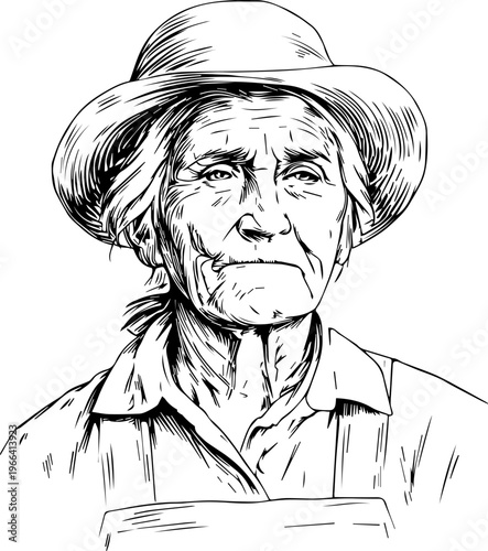 Hand Drawn Elderly Female Farmer Black and White Illustration in Minimal Solid Art Style Design
