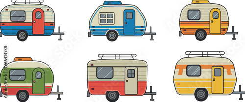 Colorful retro camper trailer collection vector illustration featuring vintage caravans, travel vehicles, camping transport, road trip lifestyle, tourism design isolated on clean background