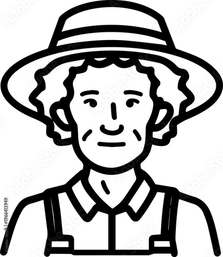 Hand Drawn Elderly Female Farmer Black and White Illustration in Minimal Solid Art Style Design
