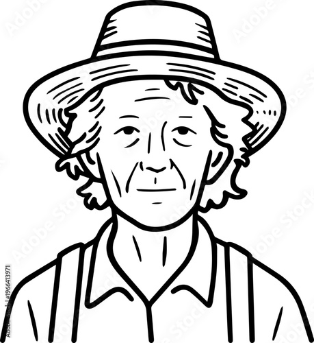 Hand Drawn Elderly Female Farmer Black and White Illustration in Minimal Solid Art Style Design