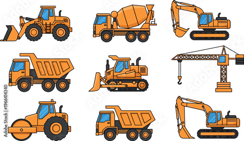 Construction vehicles vector illustration set including excavator, bulldozer, dump truck, crane, loader and concrete mixer, heavy equipment collection for engineering and building projects