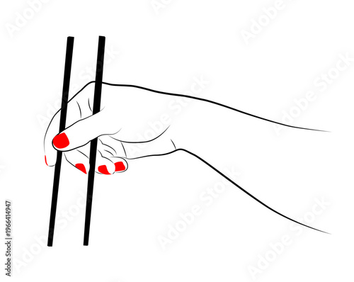 Hand holds chopsticks with red nail polish. Simple line art style drawing. Elegant, minimalistic design approach. Ideal for Asian cuisine or dining themes. Could serve in food, culture
