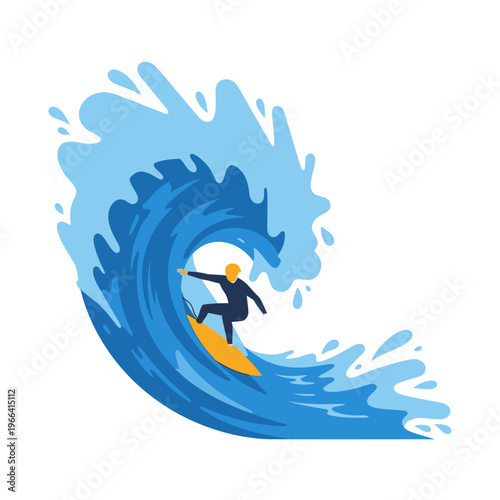 Surfer riding a large blue ocean wave, dynamic water splash, extreme sport illustration