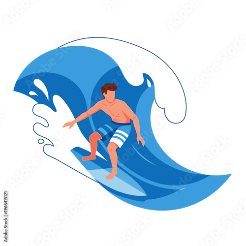 Surfer riding a large blue wave, summer water sport, active lifestyle illustration