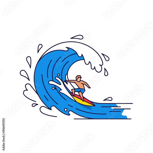 Surfer riding a large blue wave, stylized illustration, extreme sports, ocean lifestyle