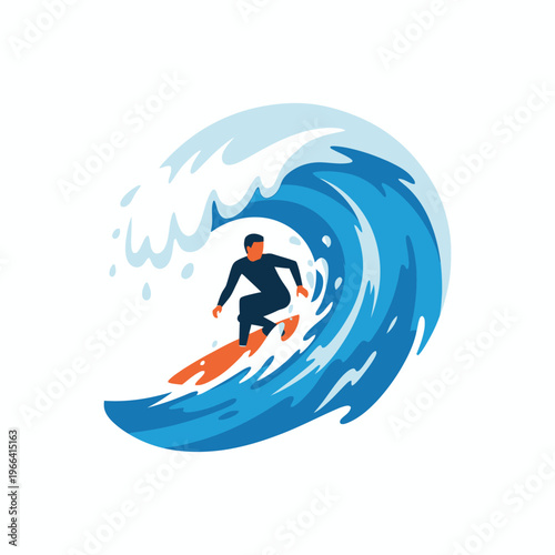 Surfer Riding a Large Blue Wave, Vector Illustration