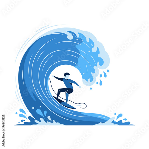 Surfer Riding Big Blue Ocean Wave, Dynamic Action Sport Illustration