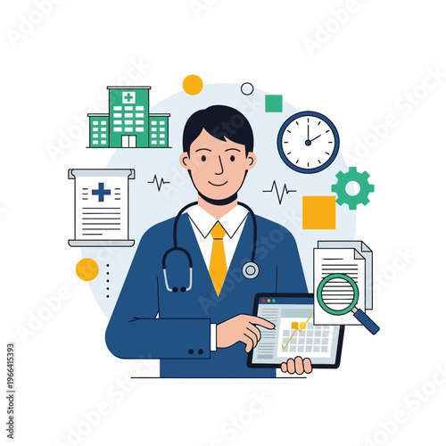 Doctor with Tablet and Medical Icons, Healthcare Management and Technology Concept