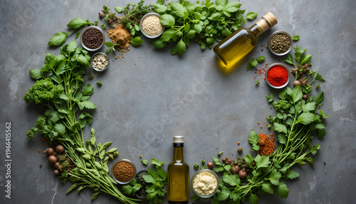 A beautifully arranged wreath of fresh herbs and spices on a gray surface