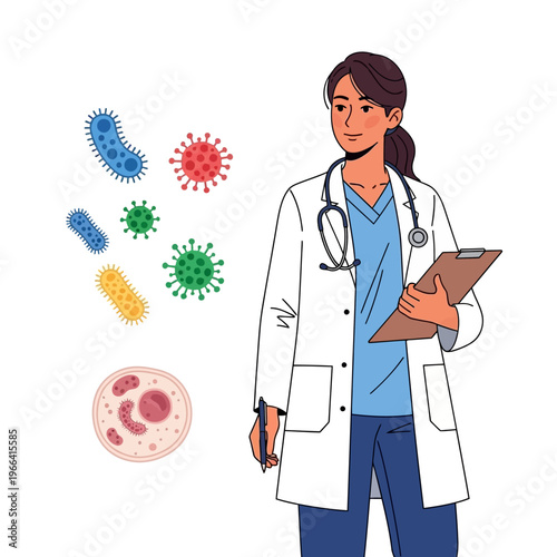 Female Doctor with Microbes and Cell Illustration, Science and Medical Research Concept