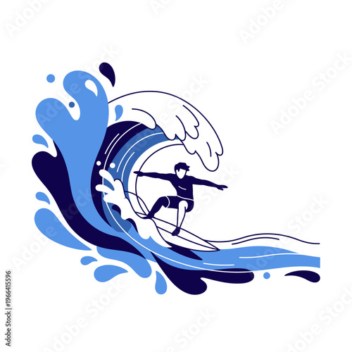 Surfer Riding Massive Wave, Ocean Sport, Dynamic Water Splash, Summer Fun, Vector Illustration