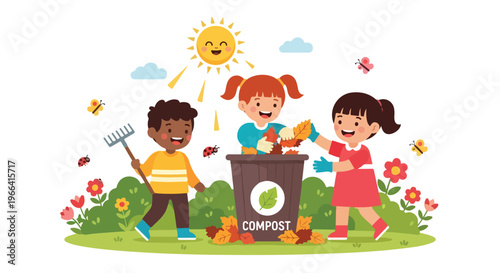 Three happy diverse children are working together in a sunny garden to collect autumn leaves and put them into a compost bin for recycling.
