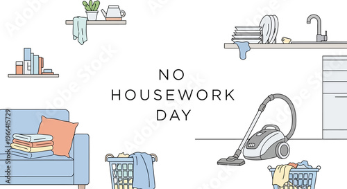A flat lay illustration of a No Housework Day concept with household chores and relaxation items on a clean white background.