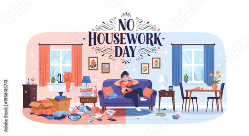 Illustration of a messy living room on one side and a tidy one on the other, separated by 'No Housework Day' text, conveying relaxation and leisure concept.