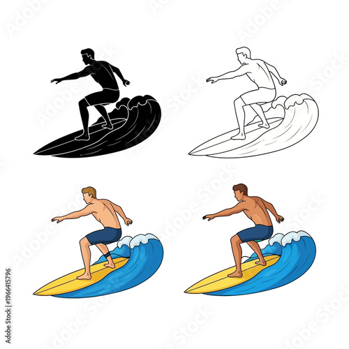 Surfer Riding Wave in Four Styles: Silhouette, Outline, Color, and Detailed