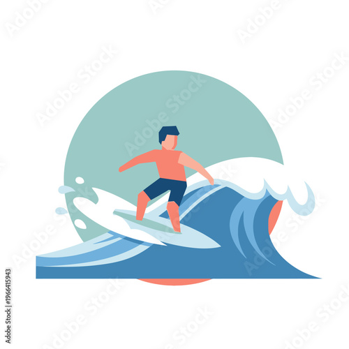Surfer Riding Wave, Summer Beach Sport, Ocean Adventure, Flat Design Illustration